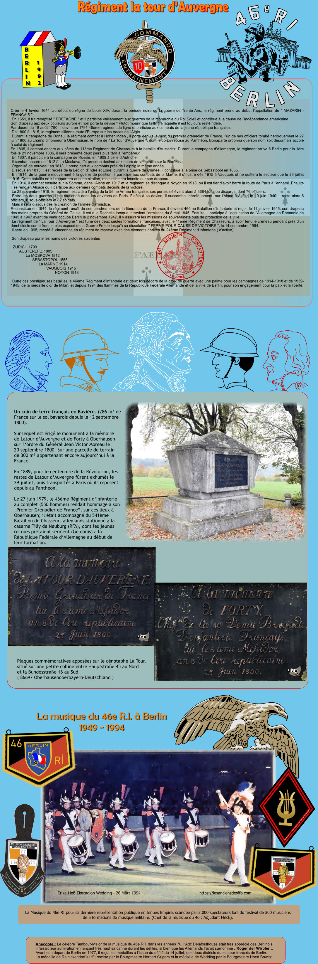 Anecdote : Le c�l�bre Tambour-Major de la musique du 46e R.I. dans les ann�es 70, l�Adc Delafoulhouze �tait tr�s appr�ci� des Berlinois.Il faisait leur admiration en lan�ant tr�s haut sa canne durant les d�fil�s, si bien que les Allemands l�avait surnomm� � Roger der Wirbler �. Avant son d�part de Berlin en 1977, il re�ut les m�dailles � l�issue du d�fil� du 14 juillet, des deux districts du secteur fran�ais de Berlin. La m�daille de Reinickendorf lui f�t remise par le Bourgmestre Herbert Grigers et la m�daille de Wedding par le Bourgmestre Horst Bowitz. POTIVS MORI QVAM FAEDARI Cr�� le 4 f�vrier 1644, au d�but du r�gne de Louis XIV, durant la p�riode noire de la guerre de Trente Ans, le r�giment prend au d�but l'appellation de " MAZARIN - FRANCAIS ".  En 1651, il f�t rebaptis� " BRETAGNE " et il participe vaillamment aux guerres de la monarchie du Roi Soleil et contribue � la cause de l�ind�pendance am�ricaine. Son drapeau aux deux couleurs aurore et noir porte la devise � Plut�t mourir que faillir � � laquelle il est toujours rest� fid�le. Par d�cret du 18 ao�t 1790, il devint en 1791 46�me r�giment de ligne et participe aux combats de la jeune r�publique fran�aise.  De 1800 � 1815, le r�giment sillonne toute l'Europe sur les traces de l'Aigle  Durant la campagne du Donau, le r�giment combat � Hohenlinden , il porte depuis la mort du premier grenadier de France, l�un de ses officiers tomb� h�ro�quement le 27 juin 1800 au champ d�honneur � Oberhausen, le nom de " La Tour d�Auvergne ", dont le corps repose au Panth�on, Bonaparte ordonna que son nom soit d�sormais accol� � celui du r�giment. En 1805, il combat encore aux c�t�s du 11�me R�giment de Chasseurs � la bataille d'Austerlitz. Durant la campagne d'Allemagne, le r�giment arrive � Berlin pour la 1�re fois le 21 novembre 1806, il sera pr�sent� deux jours plus tard � l'empereur.  En 1807, il participe � la campagne de Russie, en 1809 � celle d'Autriche.  Il combat encore en 1812 � La Moskova, f�t presque d�cim� aux cours de la bataille sur la B�r�zina.  Organis� de nouveau en 1813, il prend part aux combats pr�s de Leipzig la m�me ann�e.  Dissous en 1815, il est recr�� de la L�gion d'Indre et Loire, durant la guerre de Crim�e, il contribue � la prise de S�bastopol en 1855.  En 1914, de la guerre mouvement � la guerre de position, il participe aux combats de la Marne, il s'illustre d�s 1915 � Vauquois et ne quittera le secteur que le 26 juillet 1916. Cette bataille ne lui rapportera aucune citation, mais elle sera inscrite sur son drapeau.  En 1916, il combat ensuite sur la Somme, dans l'Aisne en 1917 et le r�giment se distingue � Noyon en 1918, ou il est fier d'avoir barr� la route de Paris � l'ennemi. Ensuite il se rend en Alsace ou il participe aux derniers combats d�cisifs de la victoire.  Le 28 novembre 1918, le r�giment est cit� � l'ordre de la 5�me Arm�e fran�aise, ses pertes s'�l�vent alors � 3684 tu�s ou disparus, dont 76 officiers.  Entre les deux guerres, il est stationn� dans les environs de Paris. Fid�le � sa devise, Il succombe  h�ro�quement  sur l�Aisne � Asfeld le 10 juin 1940: il reste alors 6 officiers, 8 sous-officiers et 82 soldats.  Mais il sera dissous d�s la cr�ation de l'arm�e d'armistice. Reconstitu� en 1944, le r�giment rena�t de ses cendres lors de la lib�ration de la France, il devient 46�me Bataillon d'Infanterie et re�oit le 11 janvier 1945, son drapeau des mains propres du G�n�ral de Gaulle. Il est � la Rochelle lorsque intervient l�armistice du 8 mai 1945. Ensuite, il participe � l'occupation de l'Allemagne en Rh�nanie de 1945 � 1947 avant de venir occup� Berlin le 2 novembre 1947. Il y assurera les missions de souverainet� puis de protection de la ville.  Le r�giment de " La Tour d�Auvergne " est l'une des deux seules formations fran�aises, avec le 11�me R�giment de Chasseurs, � avoir tenu le cr�neau pendant pr�s d'un demi-si�cle sur le front le plus expos� de la Guerre Froide jusqu'� sa dissolution " FERME POUR CAUSE DE VICTOIRE ", le 14 septembre 1994.  Il sera en 1995, recr�� � Vincennes en r�giment de r�serve avec des �l�ments d�riv�s du 24�me R�giment d'Infanterie ( d'active).   Son drapeau porte les noms des victoires suivantes    ZURICH 1799         AUSTERLITZ 1805               La MOSKOVA 1812                     SEBASTOPOL 1855                           La MARNE 1914                                  VAUQUOIS 1915                                          NOYON 1918   Outre ces prestigieuses batailles le 46�me R�giment d�Infanterie est deux fois d�cor� de la croix de guerre avec une palme pour les campagnes de 1914-1918 et de 1939-1945, de la m�daille d�or de Milan, et depuis 1994 des flammes de la R�publique F�d�rale Allemande et de la ville de Berlin, pour son engagement pour la paix et la libert�. o R�giment la tour d�Auvergne 4 6 S.U JACQUES-JEAN  BARRE 18.09.1848 R�PUBLIQUE FRAN�AISE 46E    REGIMENT    D�INFANTERIE LE  COLONEL Un coin de terre fran�ais en Bavi�re. (286 m� de France sur le sol bavarois depuis le 12 septembre 1800).  Sur lequel est �rig� le monument � la m�moire de Latour d�Auvergne et de Forty � Oberhausen, sur  l�ordre du G�n�ral Jean Victor Moreau le 20 septembre 1800. Sur une parcelle de terrain de 300 m� appartenant encore aujourd�hui � la France.  En 1889, pour le centenaire de la R�volution, les restes de Latour d�Auvergne f�rent exhum�s le 29 juillet, puis transport�s � Paris o� ils reposent depuis au Panth�on.  Le 27 juin 1979, le 46�me R�giment d�Infanterie au complet (550 hommes) rendait hommage � son �Premier Grenadier de France�, sur ces lieux � Oberhausen; il �tait accompagn� du 541�me Bataillon de Chasseurs allemands stationn� � la caserne Tilly de Neuburg (RFA), dont les jeunes recrues pr�taient serment (Gel�bnis) � la R�publique F�d�rale d�Allemagne au d�but de leur formation.  La musique du 46e R.I. � Berlin1949 - 1994 La Musique du 46e RI pour sa derni�re repr�sentation publique en tenues Empire, scand�e par 3.000 spectateurs lors du festival de 300 musiciens de 5 formations de musique militaire. (Chef de la musique du 46 : Adjudant Fleck). Erika-He�-Eisstadion Wedding - 26.M�rz 1994                                              https://lesanciensdesffb.com 46 RI N BERLIN GRENADIER D�ELITE PLUTOT MOURIR QUE FAILLIR B E R L I N 1 9 9 2 https://lesanciensdesffb.com PLUTOT MOURIR QUE FAILLIR 46 ENTRAINEMENT COMMANDO PLUTOT MOURIR QUE FAILLIR Xsc � DjpmB2014 46 G2620 www.lesanciensdesffb.com Plaques comm�moratives appos�es sur le c�notaphe La Tour,situ� sur une petite colline entre Hauptstra�e 45 au Nordet la Bundesstra�e 16 au Sud.( 86697 Oberhausenoberbayern-Deutschland )